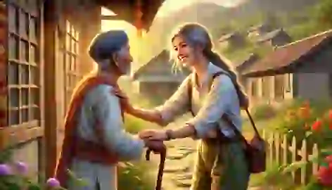 Mulan reunites with her father in front of their home, both smiling after her return from war as a hero.