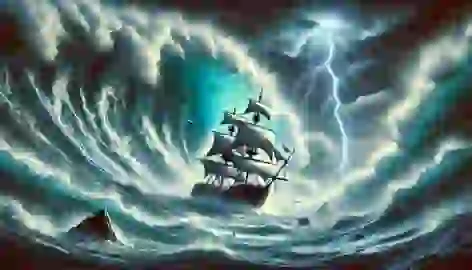  A ship is caught in a violent storm, with towering waves and lightning in the Bermuda Triangle.