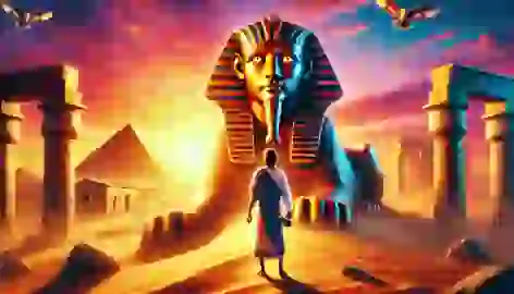 Philon confronts the Sphinx in the desert, answering its riddle as the sun sets over distant pyramids