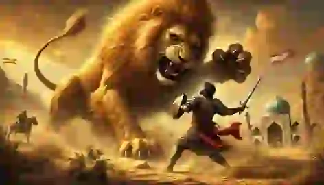 Esfandiyar raises his sword to strike a massive lion with a golden mane in the desert during his first labor.