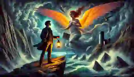 The poet with a lantern confronts the winged Harpy on stormy Irish cliffs as waves crash below.