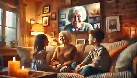 Children share the story of the Invisible String with their grandmother on a video call.