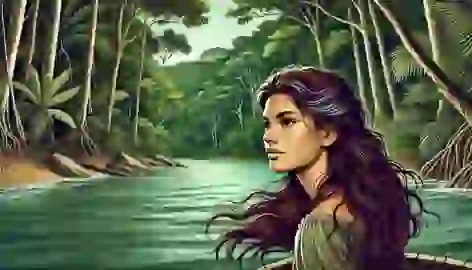 Yara with brown hair and brown eyes, being lured to the river by her jealous brothers in the dense Amazon forest.