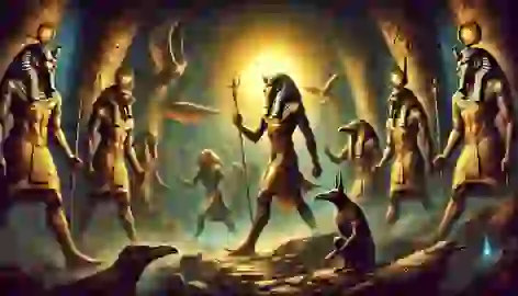 Ra journeys through the underworld with Horus, Thoth, and Anubis.