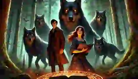 A pack of black wolves with glowing golden eyes encircles two figures in Germany