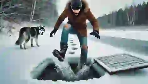 The man steps into icy water hidden beneath snow, while the husky watches nearby, snow-covered landscape around.