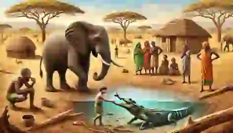 The Elephant and Crocodile helping villagers by providing water and teaching fishing techniques.