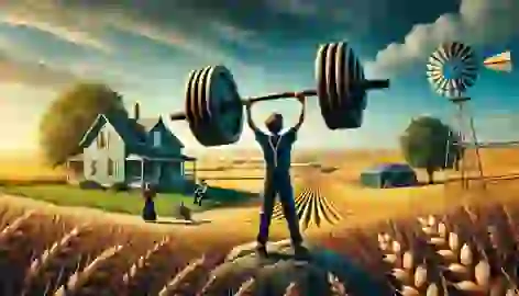 A young boy lifts a heavy object in a Kansas farm field as two figures watch from a distance.