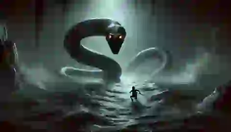  Li faces a giant eel in the shadowy depths of the river, narrowly dodging its attack in a tense moment.