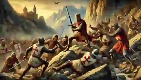 Roland and his men ambushed by Saracens in a narrow pass in the Pyrenees.