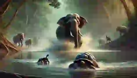 The Elephant swims across the river, while the Tortoise paddles slowly behind, jungle animals watching from the riverbank.