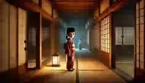 Aiko in a dimly lit corridor, looking curiously at the faint outline of the Zashiki-warashi.