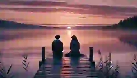 Harriet and Wyn sitting quietly on the dock at sunrise, reflecting on their uncertain future.