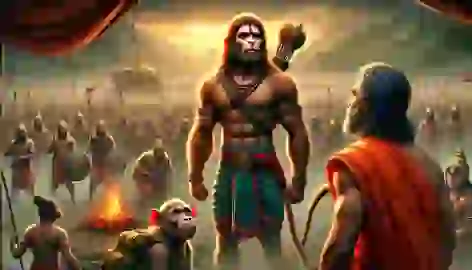 Hanuman stands before Rama and the army, ready to embark on his journey to find the Sanjeevani herb.