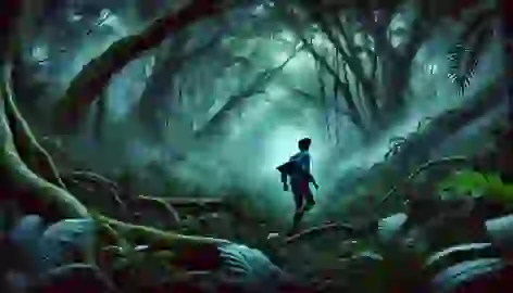 João cautiously walks through the dense forest, surrounded by thick undergrowth and eerie swirling wind.