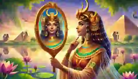 Hathor gazing into a magical mirror by the Nile, surrounded by lush greenery and lotus flowers.