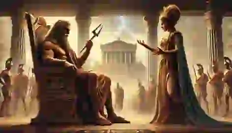  Zeus sits on his throne holding a thunderbolt as he argues with Hera during the Trojan War, with other gods watching.