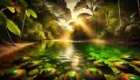 The sacred lagoon in the Amazon rainforest, with sunbeams shining through the trees and Muiraquitãs glowing on the water