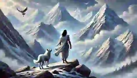 Yudhishthira climbing the Himalayas with a loyal dog by his side, symbolizing spiritual fulfillment.