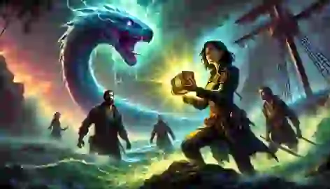 Captain Elara holds a glowing talisman, confronting the Sea Serpent as it retreats into the ocean.