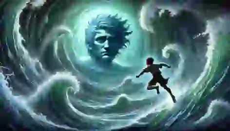 Amaru dives into a swirling whirlpool, reaching out to a sorrowful vision of his father in the turbulent water.