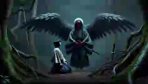 The Tengu, Sōjōbō, meets the young samurai Kenshin in the dark forest of Mount Kurama.