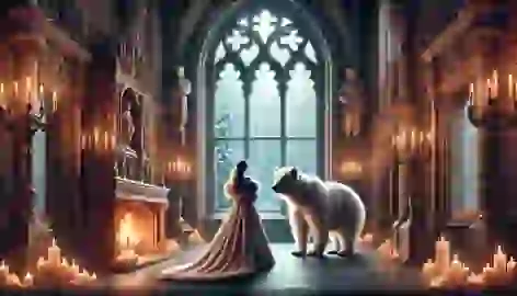 Inside a palace, the princess and the white bear stand by a window, with snow falling outside and a warm fire glowing.