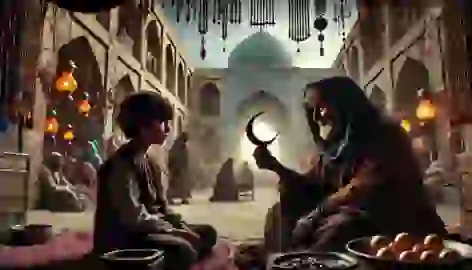 A mysterious old woman gives a talisman to a young boy in a vibrant bazaar surrounded by Persian architecture