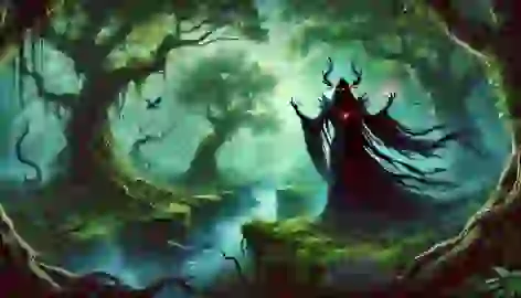 Nyxara, a dark sorceress, spreads her shadow magic, twisting the lush Arcadian forest into an ominous shadowland.