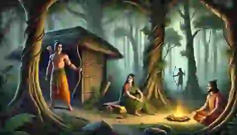 Rama, Sita, and Lakshmana living in exile in a forest, with Rama standing alert and Lakshmana building a fire.