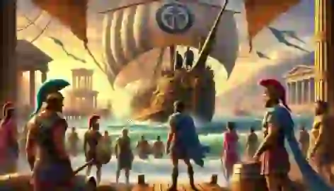 Jason and the Argonauts gather at the shore, preparing to board the Argo for their adventure to retrieve the Golden Fleece.