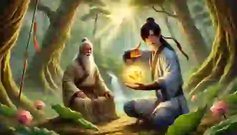 Chen Xiang trains with a Taoist master in a mountain forest, holding the glowing Lotus Lantern amidst ancient trees.