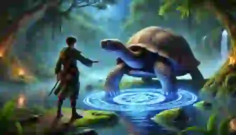 Ambitious warrior Xian reaches for the Black Tortoise by the lake, the tortoise surrounded by a glowing aura.