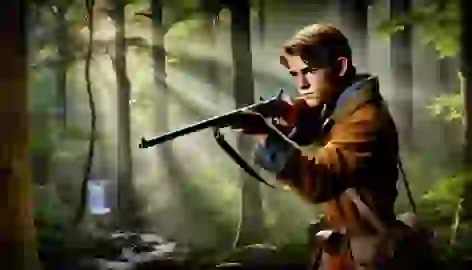 Young Davy Crockett aiming his rifle in the dense forests of Tennessee, learning to hunt