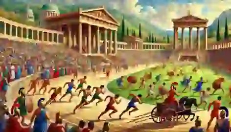 Athletes competing in various sports at the first Olympic Games in an ancient Greek stadium.