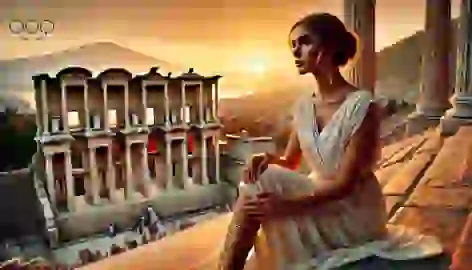  Elara on the steps of the Temple of Artemis, reflecting on her experiences at sunset.