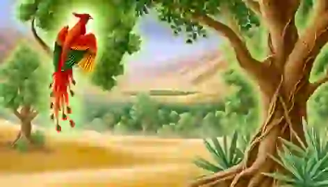 The Phoenix perched in the sacred grove, surrounded by lush frankincense trees and desert sands in the distance.