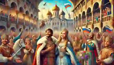 Prince Ivan and Vasilisa return to the kingdom and are celebrated.