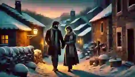 Pilar and her companion walk through a snow-covered village at dusk, traditional houses glowing with warm light.