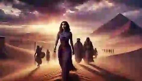 Meret-Ka leading her followers across the desert toward the Valley of the Kings.