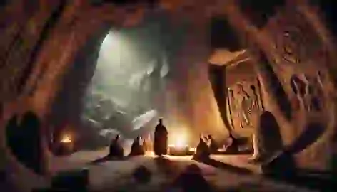 Zoroastrian priests performing rituals by a sacred fire inside an ancient cave, with faint carvings on the walls.