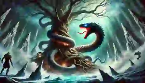 Yggdrasil’s roots in Niflheim, with the serpent Nidhogg gnawing at them amidst a dark, icy atmosphere.