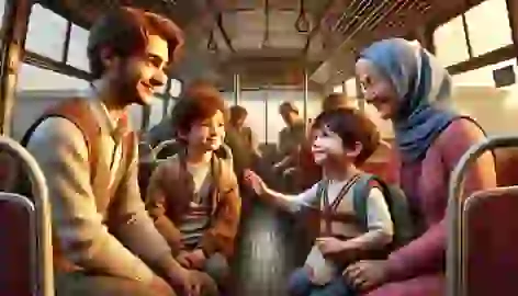 Amir smiles at a mother and child boarding the bus; his grandmother offers a small gift to the mother.