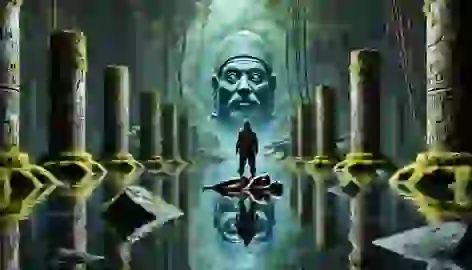 Tupac at the edge of a pool with a vision of his wounded father, surrounded by ancient pillars.