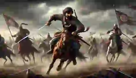 Alpamysh fights fiercely on the battlefield, leading his warriors in a clash against Taychihan