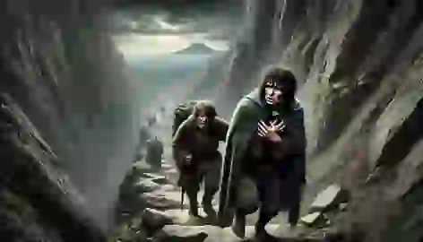 Frodo and Sam climb the steep, rocky path of Cirith Ungol, with Mount Doom looming ominously in the distance.