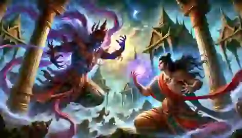 Naravahanadatta battles sorcerer Mayasabha in the city of Kanchanapura, amidst dark skies and magical forces.