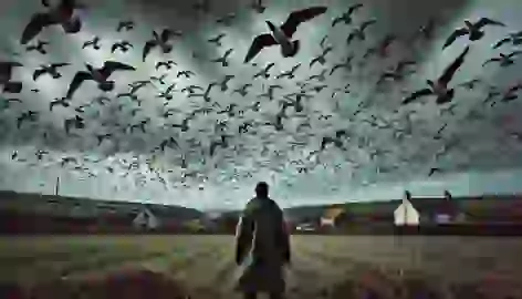 Nat watching in concern as birds flock over the fields near his coastal village, filling the sky ominously