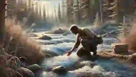 A man kneels by the edge of a fast-moving river, dipping his hand into the cold, clear water.