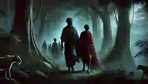 Sunjata Keita and his mother in exile, walking through a dense forest with a few loyal followers under the moonlight.